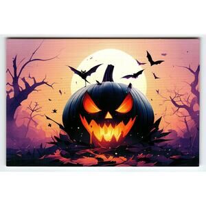 Vintage Halloween Photochrome Postcard Black Pumpkin & Bats 5.5x4"